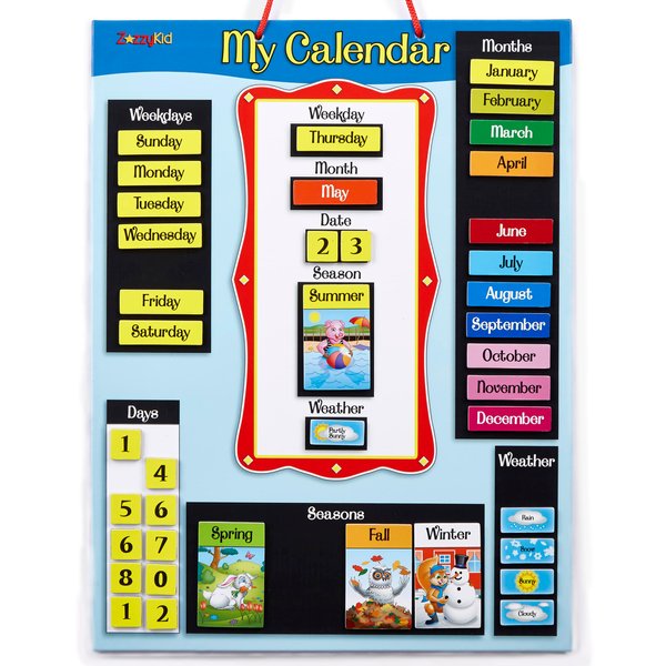 ZazzyKid Magnetic Calendar & Weather Chart for Kids - Preschool Daily Calendar Learning for Days of the Week, Months, Weather & Season Blue