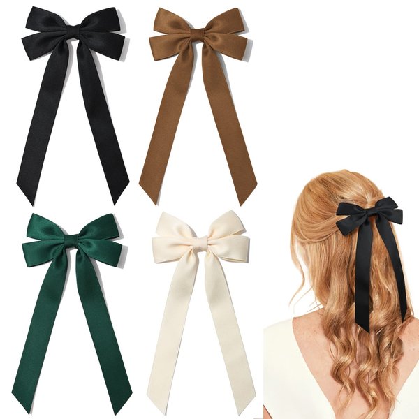 4PCS Silky Satin Hair Bows Hair Clip Black Hair Ribbon Clips for Women Ponytail Holder Hair Accessories Alligator Clips Bow for Women Girls Toddlers Teens Kids