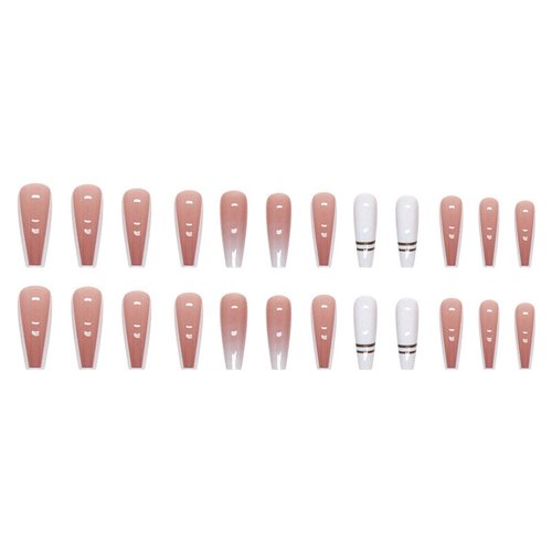 MISUD Long Coffin Press on Nails Ballerina Fake Nails Glossy Glue on Nails White French Tip Acrylic Nails Pink Gradient False Nails with Design 24 pcs