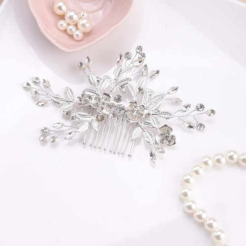 YERTTER Vintage Rhinestones Bride Wedding Hair Accessories for Brides Crystal Simulated Pearl Floral Leaves Bridal Hair Comb for Women and Girls (Silver)