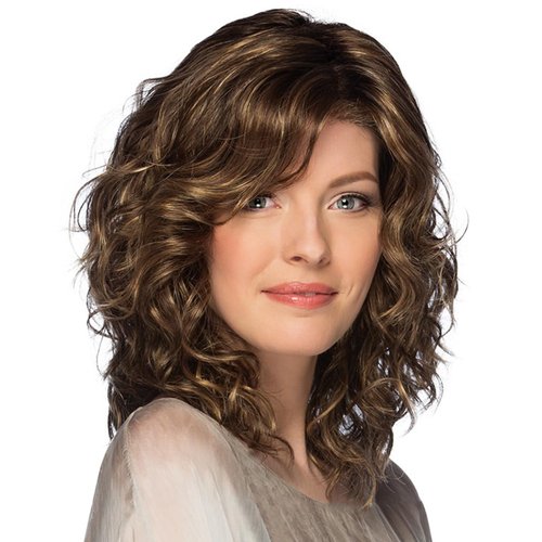 SEVENCOLORS Medium Length Brown Curly Wigs with Highlights Short Brown Mixed Blonde Wigs for White Women Natural Wavy Synthetic Hair Wigs
