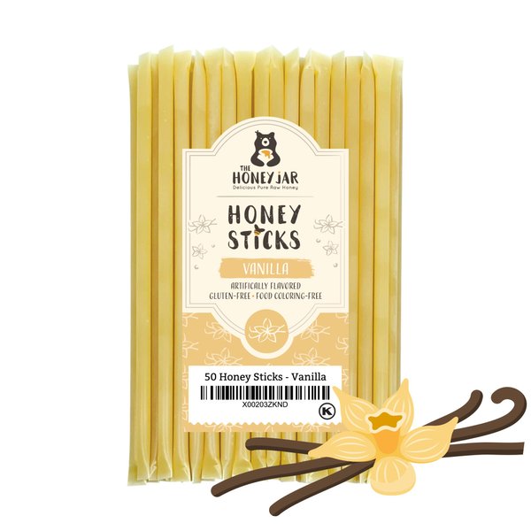 The Honey Jar Vanilla Flavored Honey Sticks - Pure Honey Straws For Tea, Coffee, or a Healthy Treat - One Teaspoon of Flavored Honey Per Stick - Made In The USA with Real Honey - (50 Count)
