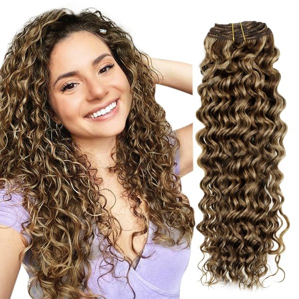 Hetto Curly Clip in Hair Extensions Curly Hair Extensions Water Wavy Human Hair Extensions Clip in #4/27 Brown Highlighted Blonde Curly Clip in Extensions 14 Inch 7Pcs 105g