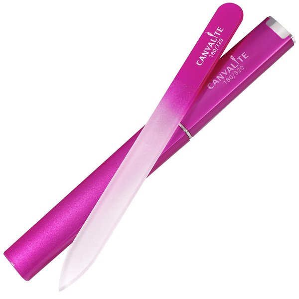 CANVALITE Glass Nail File for Natural Nails Double Sided 180/320 Grit Crystal Nail Files with Case Glass Fingernail File Stocking Stuffers for Women Girls Gifts, Fuchsia