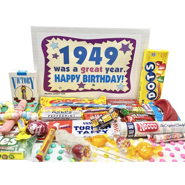 RETRO CANDY YUM ~ 1949 75th Birthday Gift Box of Nostalgic Candy Assortment from Childhood for 75 Year Old Men and Women Born 1949 Jr