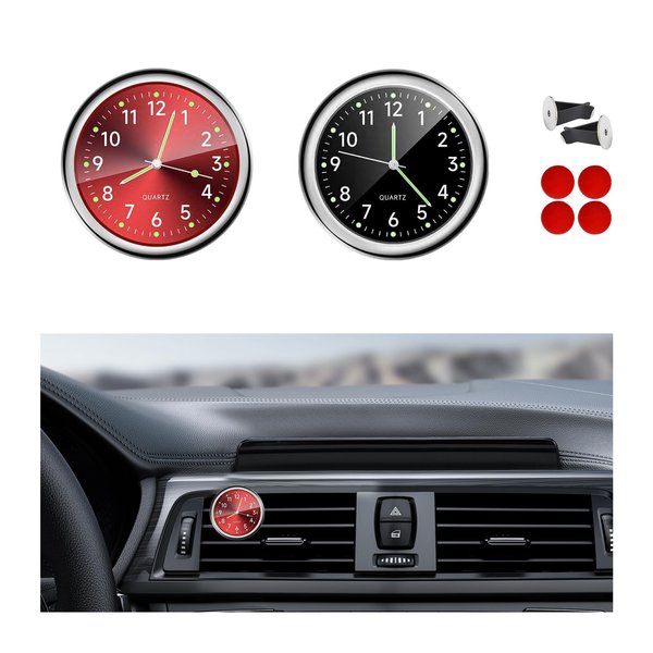 Dickno 2 PCS Stick on Dashboard Car Clock, Mini Tiny Analog Quartz Luminous Air Vent Clocks, Self Adhesive Automotive Vent Clocks Watch, Vehicle Clock for Dashboard Decoration (Red+Black)