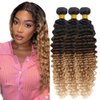 Ombre Bundles Human Hair T1B/4/27 Deep Wave Bundles Mixed Length 3 Bundles 22 24 26 Inch Brazilian Unprocessed Virgin Human Hair Extensions 3 Tone Brown and Honey Blonde Bundles