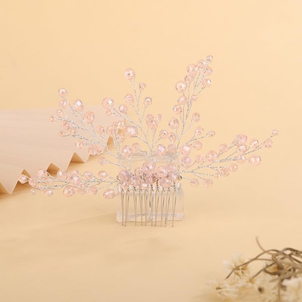 Rumtock Vintage Pink Crystal Beads Hair Comb for Women Girls Wedding Bridal Hair Accessories Jewelry Branch Hair Jewelry (Pink)