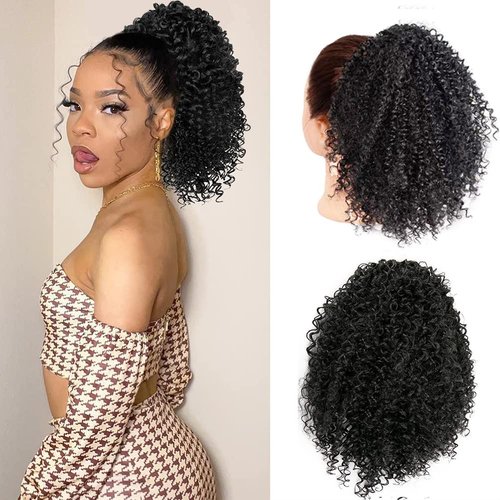 DUTIKA Drawstring Ponytail Extension Curly Hair Extensions, Synthetic Pony Tails Extensions Human Hair Feeling, Kinky Curly Ponytail Afro Puff Drawstring Ponytail for Black Women（10inch,Natural black）