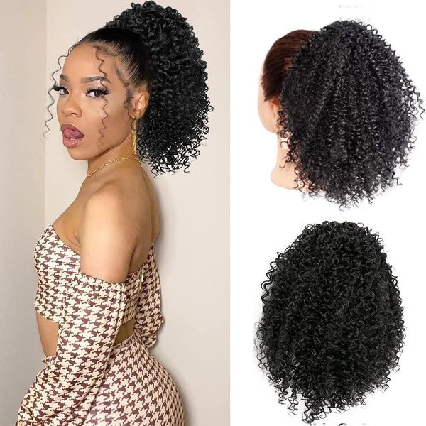 DUTIKA Drawstring Ponytail Extension Curly Hair Extensions, Synthetic Pony Tails Extensions Human Hair Feeling, Kinky Curly Ponytail Afro Puff Drawstring Ponytail for Black Women（10inch,Natural black）