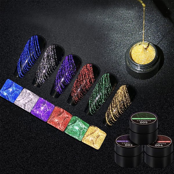 Reflective Glitter Spider Gel Nail, 6 Colors Spider Gel for Nail Art Wire Drawing UV/LED Glitter Gel Nail Polish Disco Pulling Line Silk Spider Painting Drawing Gel Salon & DIY Manicure Liner Nail Art