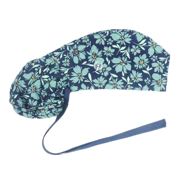 Scrub Cap with Silky Inner - Cotton Hat with Sweatband and Buttons, Adjustable Tie Back Ponytail(Randomly Provide Hair Ring) (Green Flower)