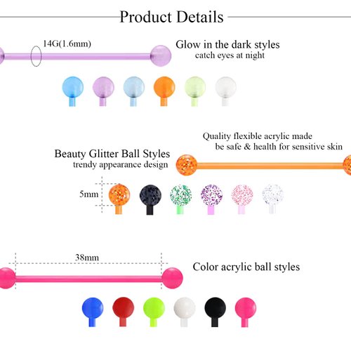 EVELICAL 36PCS 14G Stainless Steel Industrial Barbell Earrings for Women Men Acrylic Cartilage Helix Body Piercing Jewelry 38mm 1&1/2 Inch Piercing Bar Style 2