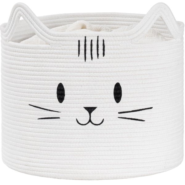 INDRESSME Storage Basket, Cute Toy Basket for Cats Dogs Pets, Gift Basket for Catlovers Baby Shower, Blanket Basket for Living Room, Cat Room Decor, 13.8"D x 11.8"H, White