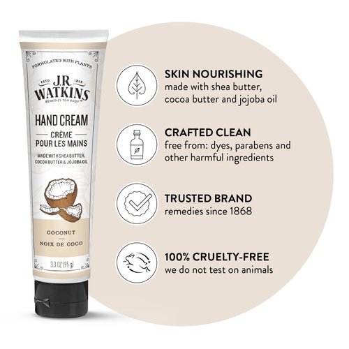 J.R. Watkins Natural Moisturizing Hand Cream, Hydrating Hand Moisturizer with Shea Butter, Cocoa Butter, and Avocado Oil, USA Made and Cruelty Free, 3.3oz, Coconut, 3 Pack