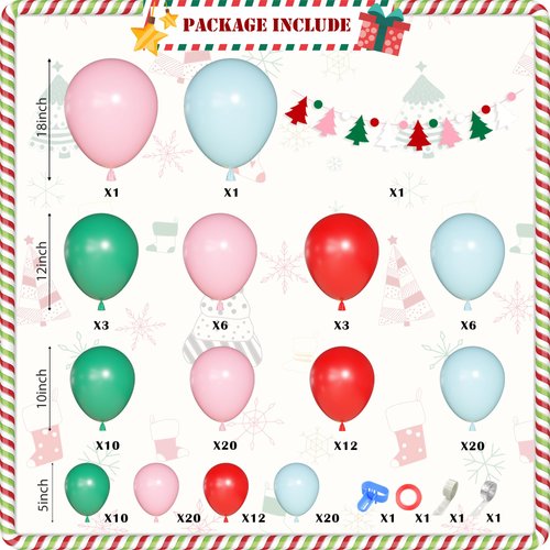 Ouddy Life Christmas Balloon Arch Garland Kit 156 pcs Christmas Pastel Pink Red Green Foil Balloons Xmas Tree Garland for Christmas Theme New Year Birthday Holiday Baby Shower Winter Party Decorations