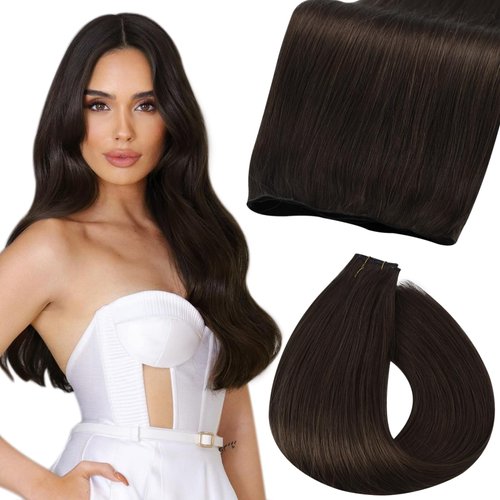 Fshine Real Human Hair Sew in Hair Genius Weft for Women Darkest Brown 20 Inch 60g Remy Human Hair Extensions Human Hair Bundle Natural Straight Long Hair Weave One Piece Hair Genius Weft