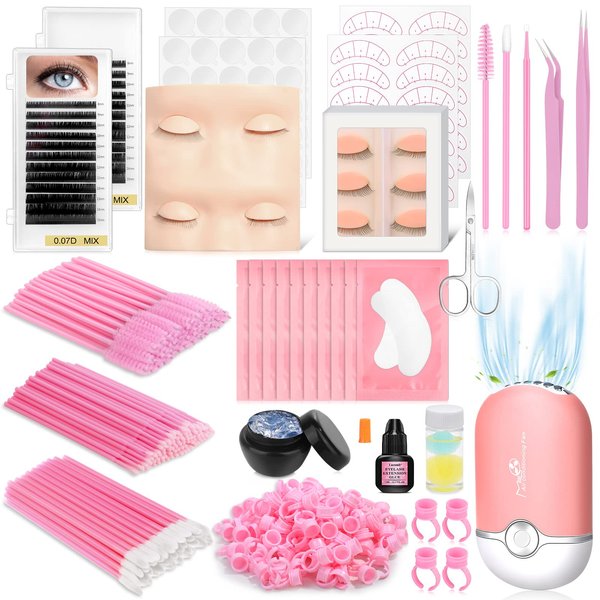 DIY Lashes Extension Kit，227 PCS Eye Lash Extension Starters Kit Lash Extension Training Supplies: Lash Mannequin Head, Removable Eyelids, Lash Glue Rings Fan, Lash Kits for Practice Grafting Makeup