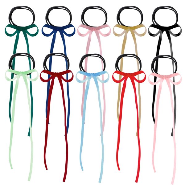 HLTOO 10PCS Long Silk Ribbon Hair Bows, Colourful Hair Bands with Bow Silk Hair Ties, Elastics Hair Scrunchies, Long Ponytail Holder, for Women and Girls, 10 Colors