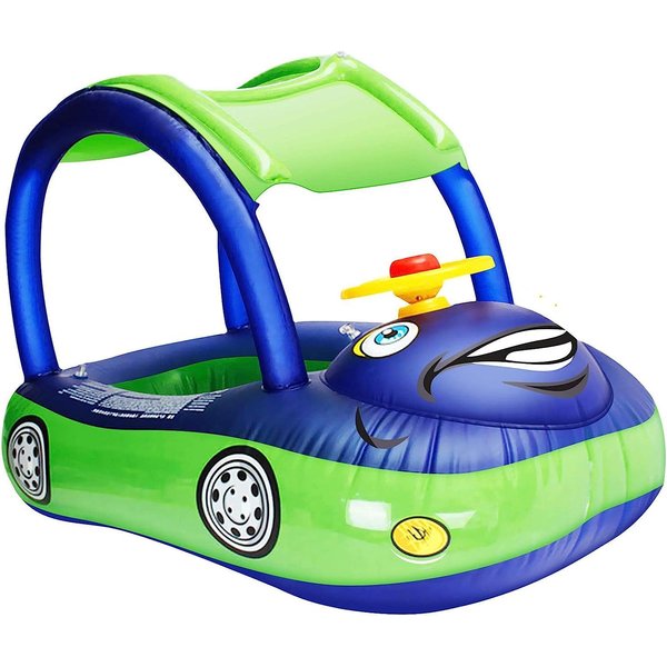 iGeeKid Inflatable Baby Pool Float with Canopy, Safty Seat for Infant Baby Swim Float Rings Car Shaped Swimming Pool Floaties for Baby Toddler Age of 6-36 Months (Blue)