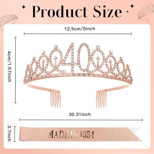 RUMIA Rose Gold 40th Birthday Crown & Sash for Women Glitter 40th Rhinestone Tiara Made in 1984 Sash 40th Birthday Gifts for Women 40th Birthday Decorations Party Supplies