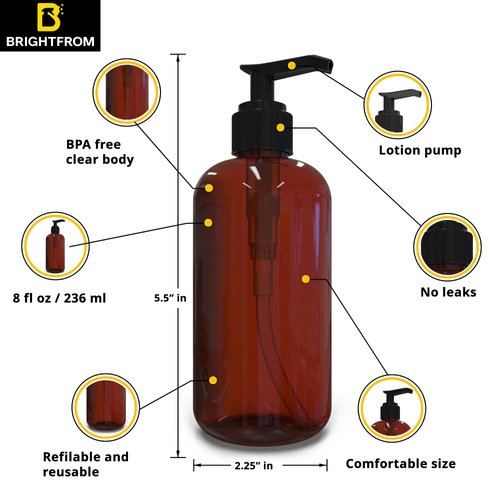 BRIGHTFROM Plastic Bottles with Pump Dispenser, 8 OZ Empty, BPA Free Refillable Containers for Body Wash, Moisturizer, Face Cream, Liquid Soap - Amber/Black - 2 Pack