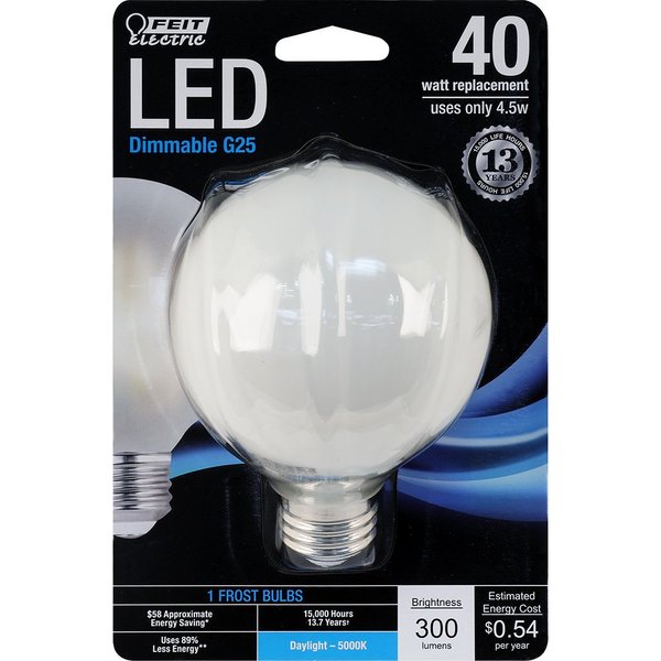 Feit Electric - Decorative Frost Glass Filament LED Dimmable 40W Equivalent Daylight (5000K) G25 Globe Light Bulb (BPG2540/F/850/LED)
