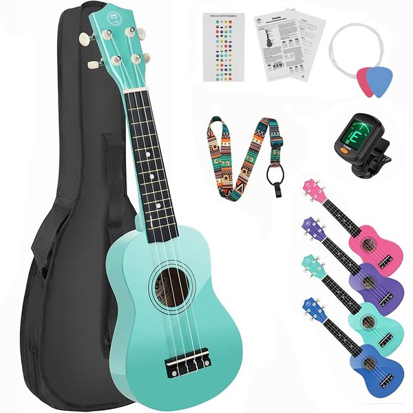 MUSTAR Soprano Ukulele Kids Ukulele for Beginners - 21 Inch Small Guitar Ukulele for Kids Toddlers Birthday Holiday, Gig Bag, Digital Tuner, Strap, Picks, All in One Kit (Green, MU-601)