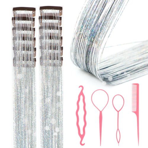 12Pcs Hair Tinsel Clip in Glitter Tinsel Hair Extensions 19.6Inch Clip in Hair Tinsel Kit Heat Resistant Shiny Sparkly Fairy Hair Accessories for Women Girls Kids (Silver)