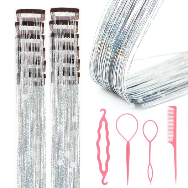 12Pcs Hair Tinsel Clip in Glitter Tinsel Hair Extensions 19.6Inch Clip in Hair Tinsel Kit Heat Resistant Shiny Sparkly Fairy Hair Accessories for Women Girls Kids (Silver)
