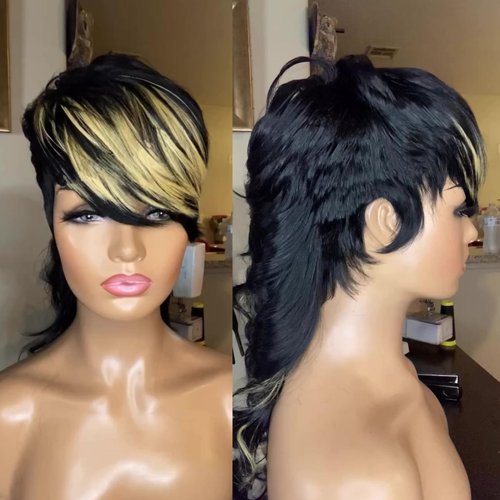 PurpleSexy Mullet Wig Human Hair Wigs Mullet Pixie Cut Human Hair Wigs 16inch 1b/27 Color 10A Brazilian Virgin Human Hair Wigs Pixie Cut Wig for Black Women