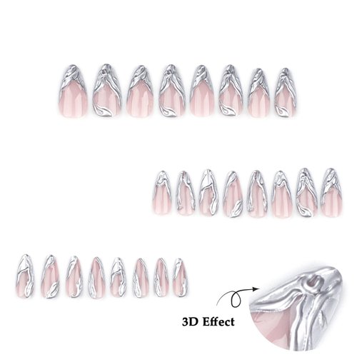 LPOODDNU Almond Press on Nails Medium Length Fake Nails Silver 3D Effect Full Cover Stick on Nails Glossy False Nails Cute Medium Almond French Nails Press ons for Women Girls 24 Pcs