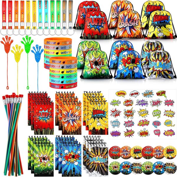 Paterr 103 Pcs Birthday Party Favor Supplies Set Include Drawstring Bags Silicone Bracelets Badge Buttons Spiral Notebooks Pencils Bookmarks and Stickers for Carnival Prizes Gift Decorations(Cartoon)