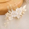 New Handmade Ceramic Flower Wedding Hair Accessories for Women Pearl Gold Alloy Leaf Wedding Hair Comb Bridal Jewelry Classical Wedding Headpiece for Bride
