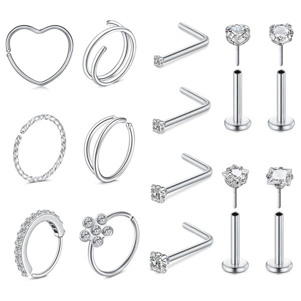 JFORYOU 20G Surgical Stainless Steel Nose Rings Threadless Push in Nose Rings Hoops L Shaped Nose Studs Lip Cartilage Helix Tragus Nose Medusa Piercing Jewelry for Women Men, 14PCS Silver