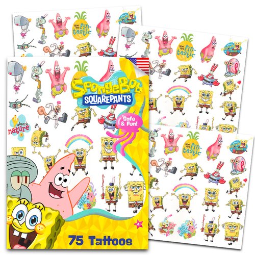 Spongebob Squarepants Temporary Tattoos for Kids and Adults - 75 Spongebob Tattoos For Party Favors Goodie Bags and More (Spongebob Party Supplies Bundle)