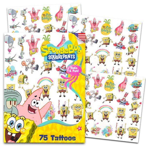 Spongebob Squarepants Temporary Tattoos for Kids and Adults - 75 Spongebob Tattoos For Party Favors Goodie Bags and More (Spongebob Party Supplies Bundle)