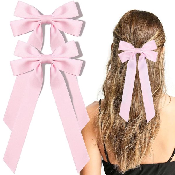 2PCS Silky Satin Hair Bows Hair Clips,Decorative Hair Clips Ribbon Accessories Ponytail Holder Slides Metal Clips French Barrette Hair Bow for Women Girls Toddlers Teens Kids (Light Pink)