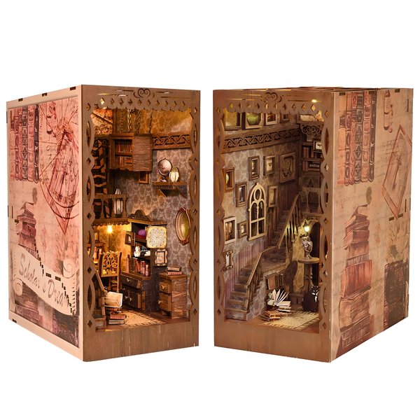 MUSEGDN DIY Miniature Book Nook Kit with LED Lights – 3D Wooden Puzzle Dollhouse Book Nook Bookshelf Insert, Perfect Home Decor Craft Kit for Adults & Teens, Creative Bookends for Reading Nooks