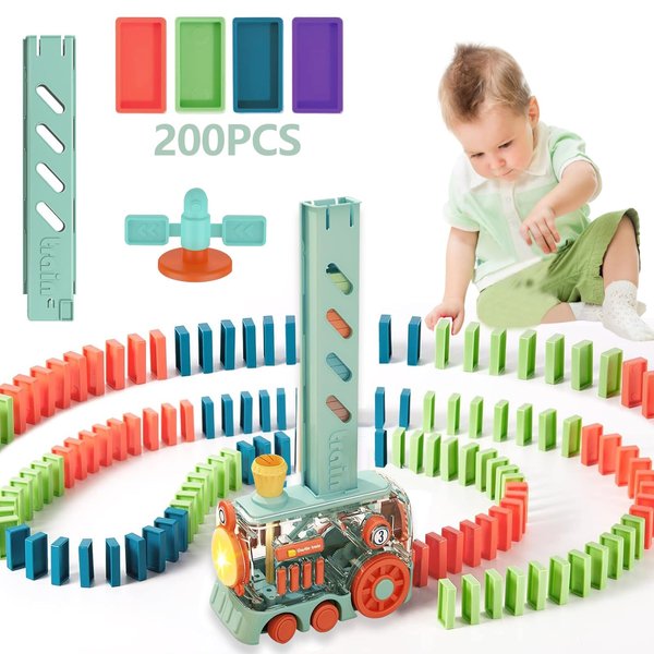 WXQAIY Domino Train Toys, 200PCS Automatic Dominoes Stacking Kids Games for 3+ Year Old Boys, Stem Montessori Toy Toddler Birthday Gifts Age 4 5 6 7 8