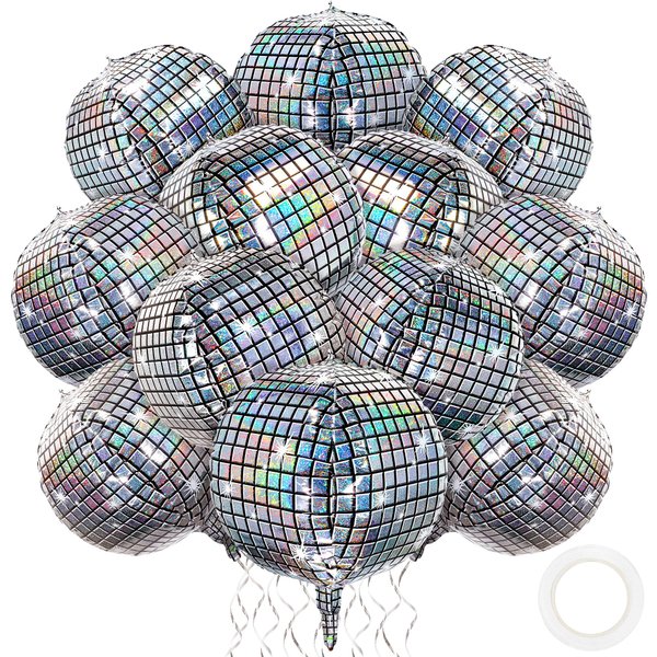 durony 12 Pieces 18 inches Disco Ball Balloons 4D Aluminum Foil Balloons Silver Party Decorations Mylar Foil Balloons for Disco Themed Party Decorations Supplies
