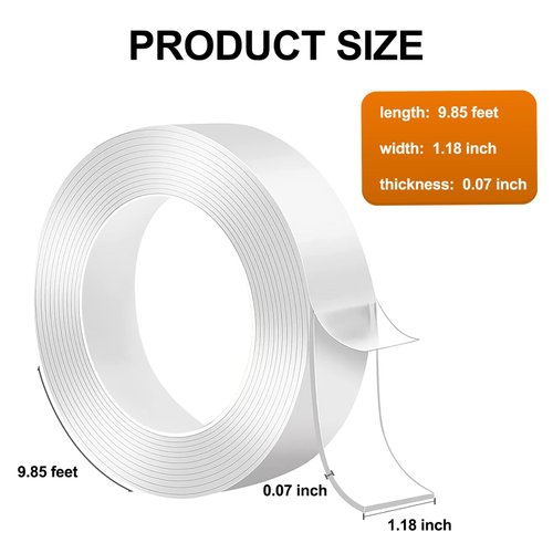 Gokano Double Sided Tape Heavy Duty, 1.18 Inch x 9.85 FT, Extra Large Nano Double Sided Adhesive Tape for Walls/Carpet Tape/Walls Decor- Removable Reusable, Washable