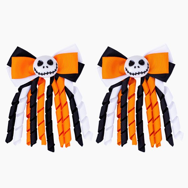 Halloween Hair Bow Clips for Girls, 2 Pack Spooky Face Hair Clips Curly Ribbon Hair Bow No-slip Alligator Clip Halloween Hair Accessories for Kids 4-6 8-12 Trick or Treat Gift Costume Party Decor