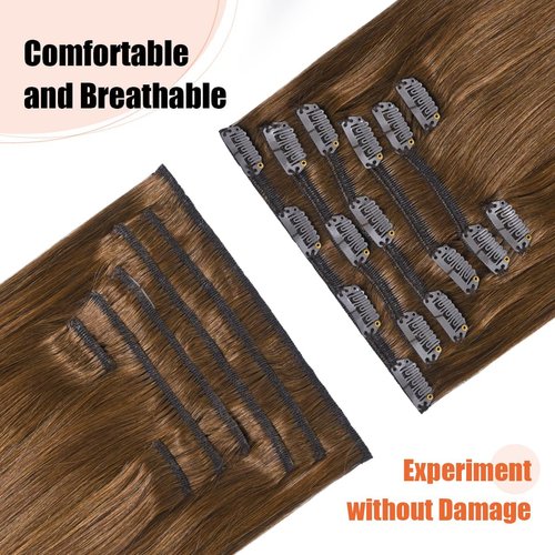 UGOTRAYS 18 Inch Chestnut Brown Clip-In Human Hair Extensions