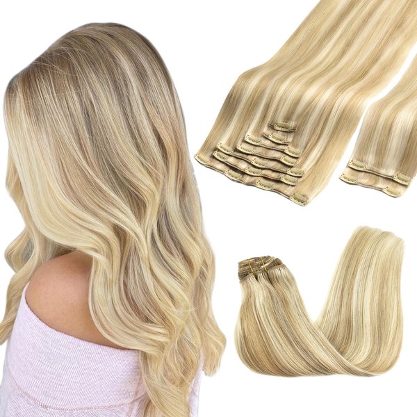 GOO GOO Clip in Hair Extensions Real Human Hair, 14inch 150g 9Pcs, 18A/613A Dark Blonde Highlighted Bleach Blonde, Remy Human Hair Extensions Clip ins for Women, Natural Human Hair