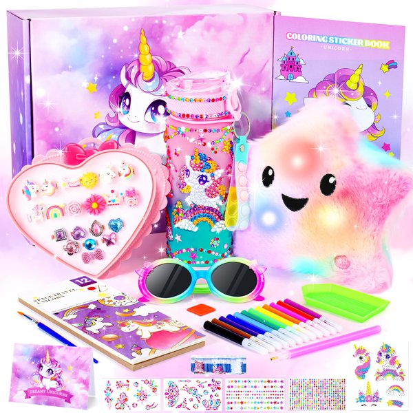 39PCS Unicorns Gifts for Girls Kids Toys 3 4 5 6 7 8 9 10 Years Old-Decorate Your Water Bottle Kits for Girls/Light Up Star Pillow Unicorn Diamond Painting Toys Gifts for Girls Birthday Christmas