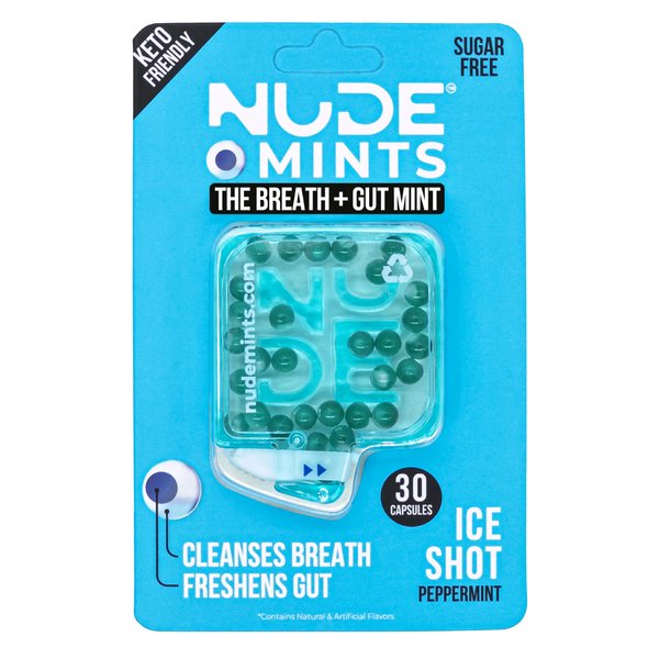 NUDE Breath Mints for Bad Breath - Ice Shot - 2 in 1 Keto Friendly Sugar Free Mints - Gluten Free Bad Breath Treatment for Adults - Carbs - Calorie - Breath Freshener for People - Instant Fresh - Cleanse Gut - Peppermint - 5 Pack - 150 Mint Capsules