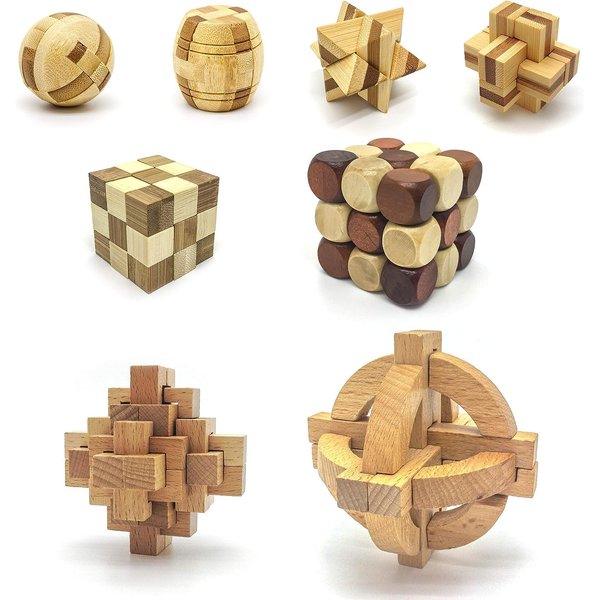 PicassoTiles 8 Styles Interlocking Sensory Toys Wooden Burr Cube, Ball and Barrels Logic Skill Genius Puzzle Brain Teaser Games & Intellectual 3D Assembling Educational Toy Set for Kids & Adults PTP08