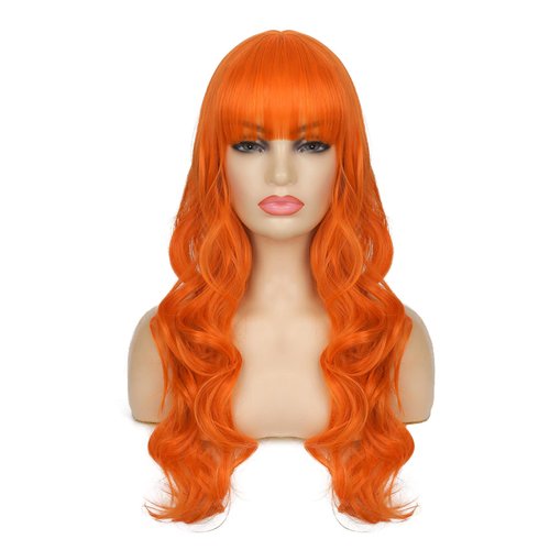 Dai Cloud Orange Wig with Bangs for Women Long Curly Wavy Heat Resistantant Silky Ginger Wigs Cosplay Halloween Daily Use (Orange)