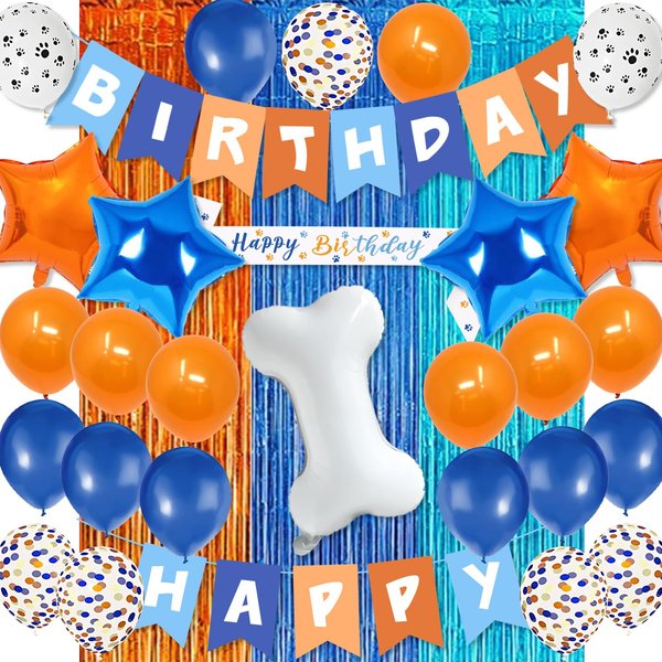 Blue Birthday Party Decorations 29pcs Blue Dog Birthday Party Supplies Includes Blue and Orange happy birthday Banner, Sash, Star Bone Foil Balloons, Latex Balloon, Fringe Curtain